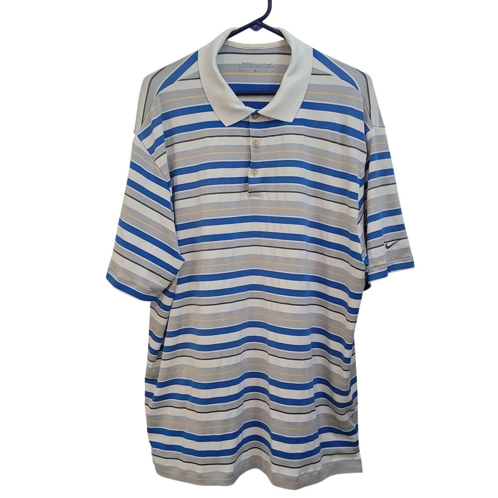 Nike Golf Size XL Striped White Blue Collared Tech Dri-Fit Performance‎ Preppy